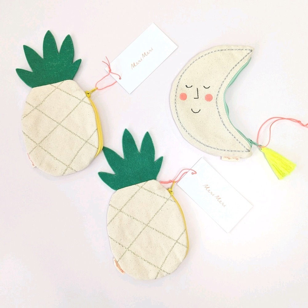 Meri Meri Coin Purse Lot Moon & Pineapple Shape Canvas Embroidered Zipper Pouch